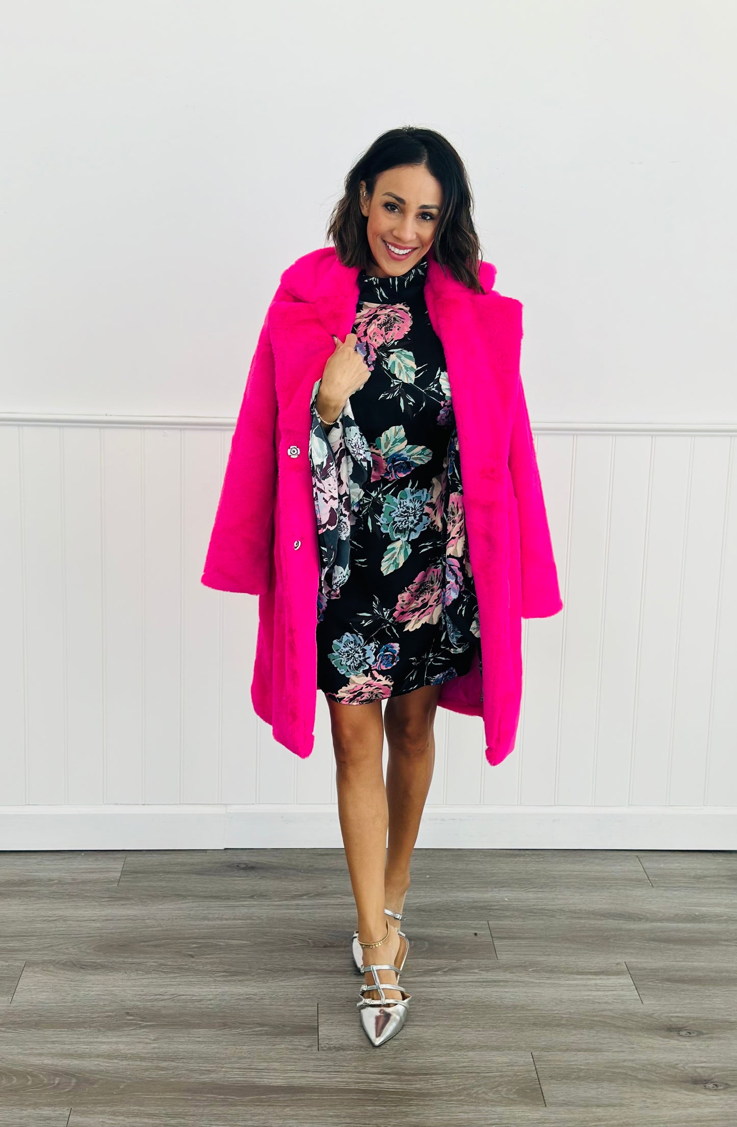 Hot Pink Fuzzy Faux Fur Trench Coat (Reg)