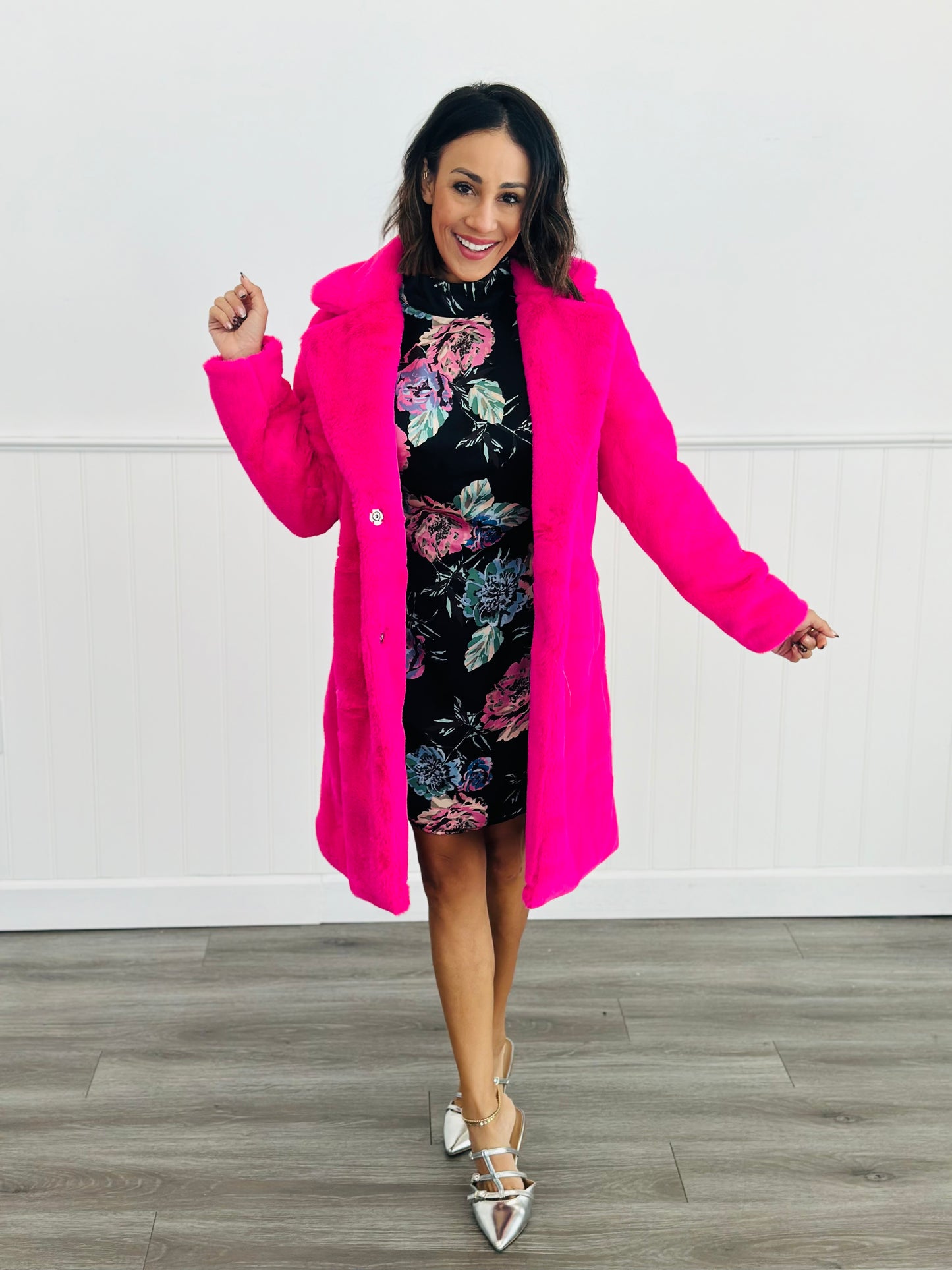 Hot Pink Fuzzy Faux Fur Trench Coat (Reg)