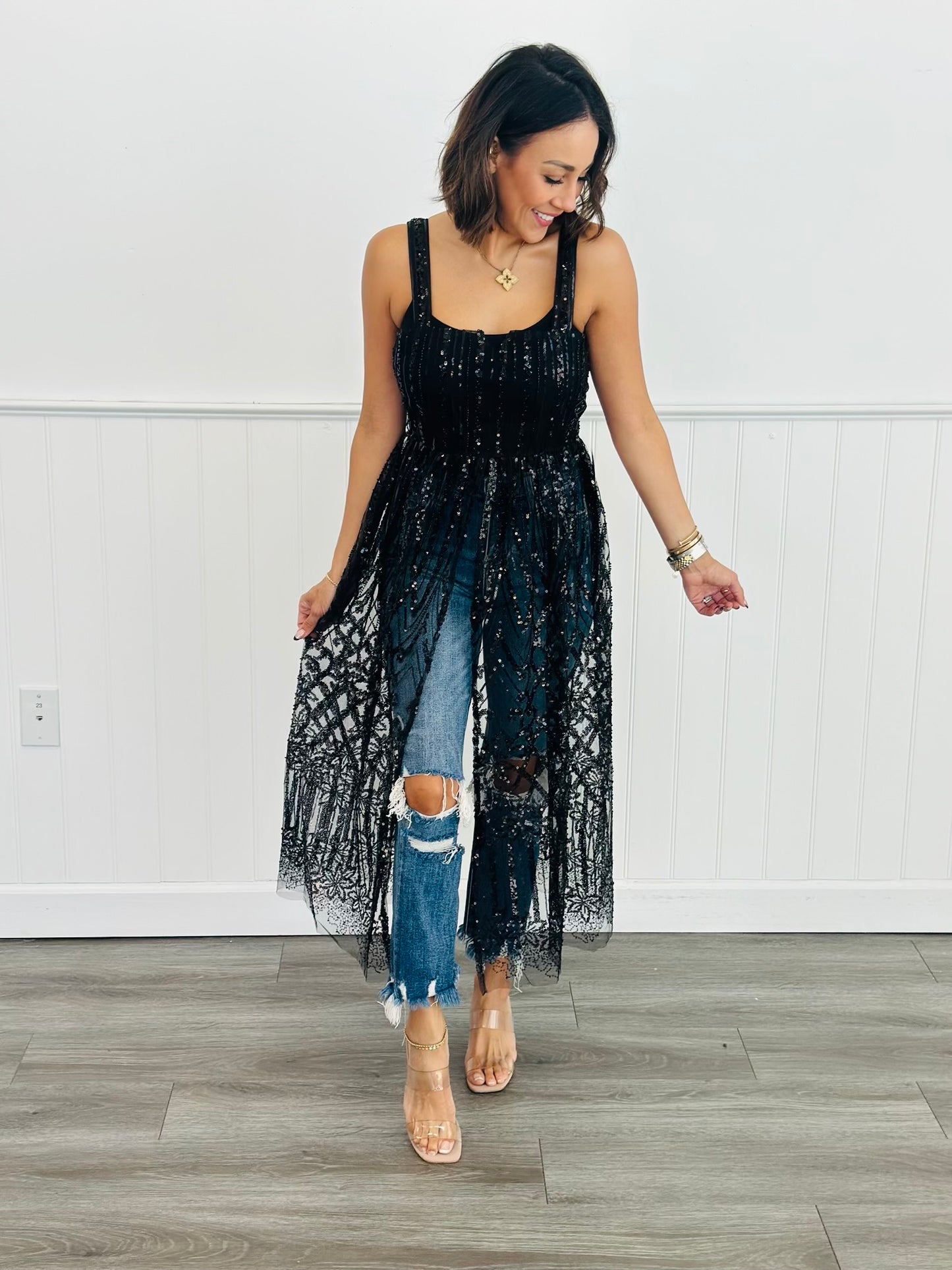 Black Sequin Sheer Cover Up Top (Reg.)