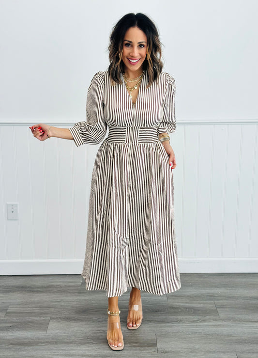 Brown Stripe Wide Waist Midi Dress (Reg)