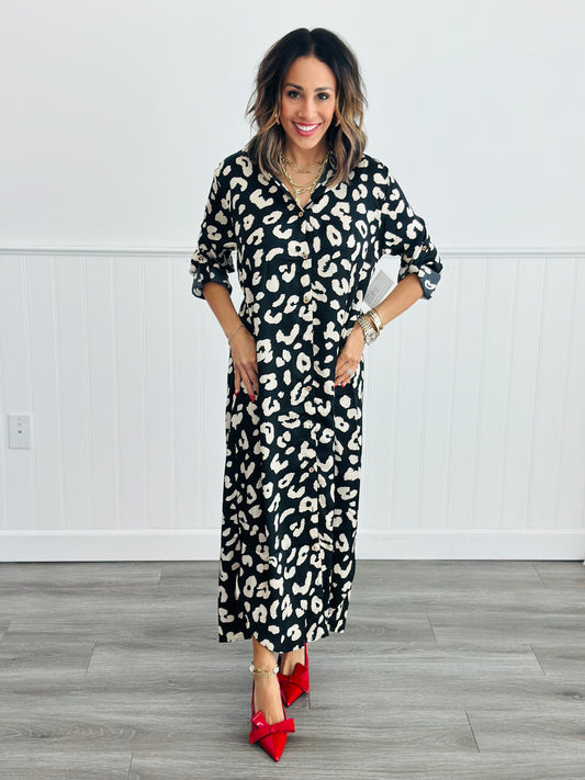 Black Button Down Leopard Maxi Dress (Reg)