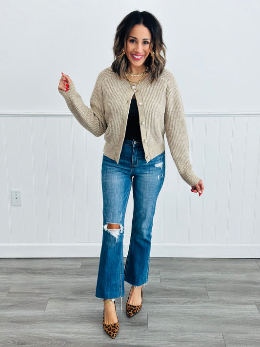 Toasty Taupe Pearl Button Cardigan (Reg)