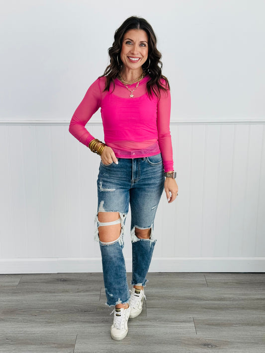 Pink Mesh Long Sleeve Top (Reg. and Plus)