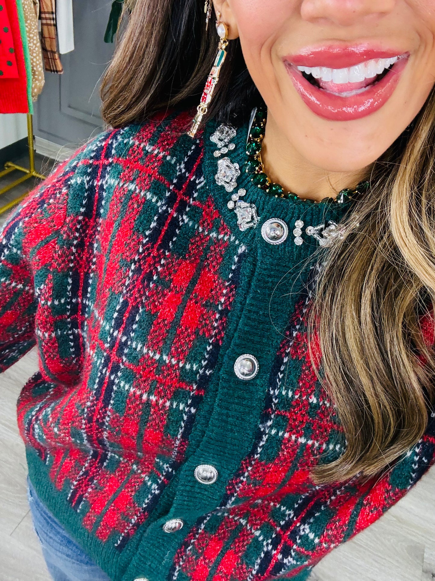 Green Plaid Jewel Trim Knit Jacket (Reg.)
