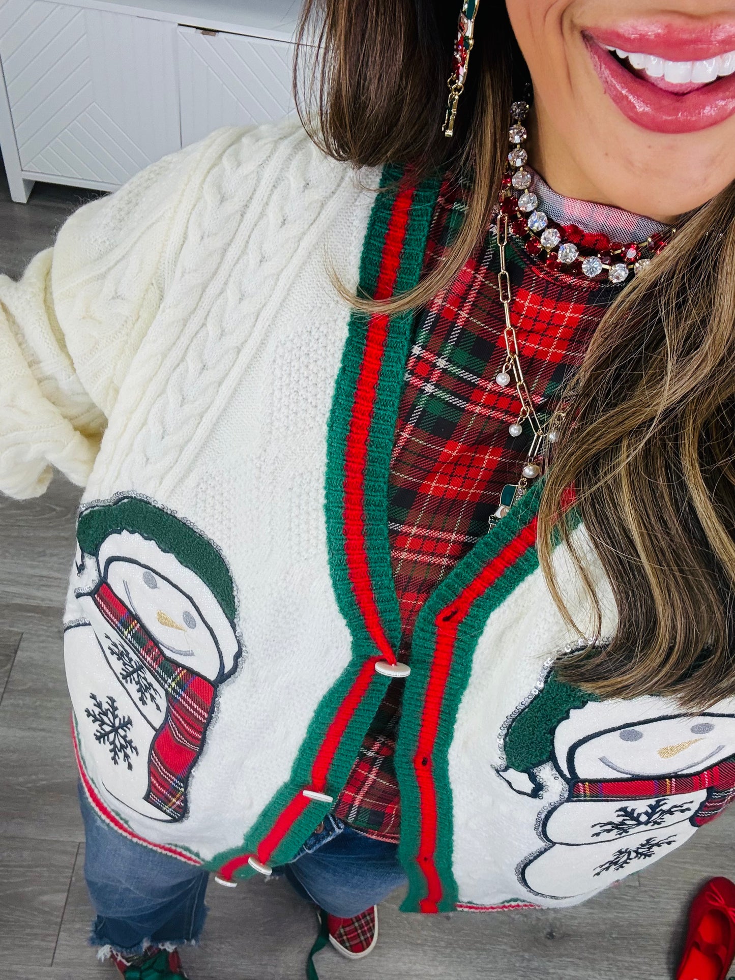 White Snowman Patches Button Up Cardigan (Reg. and Plus)