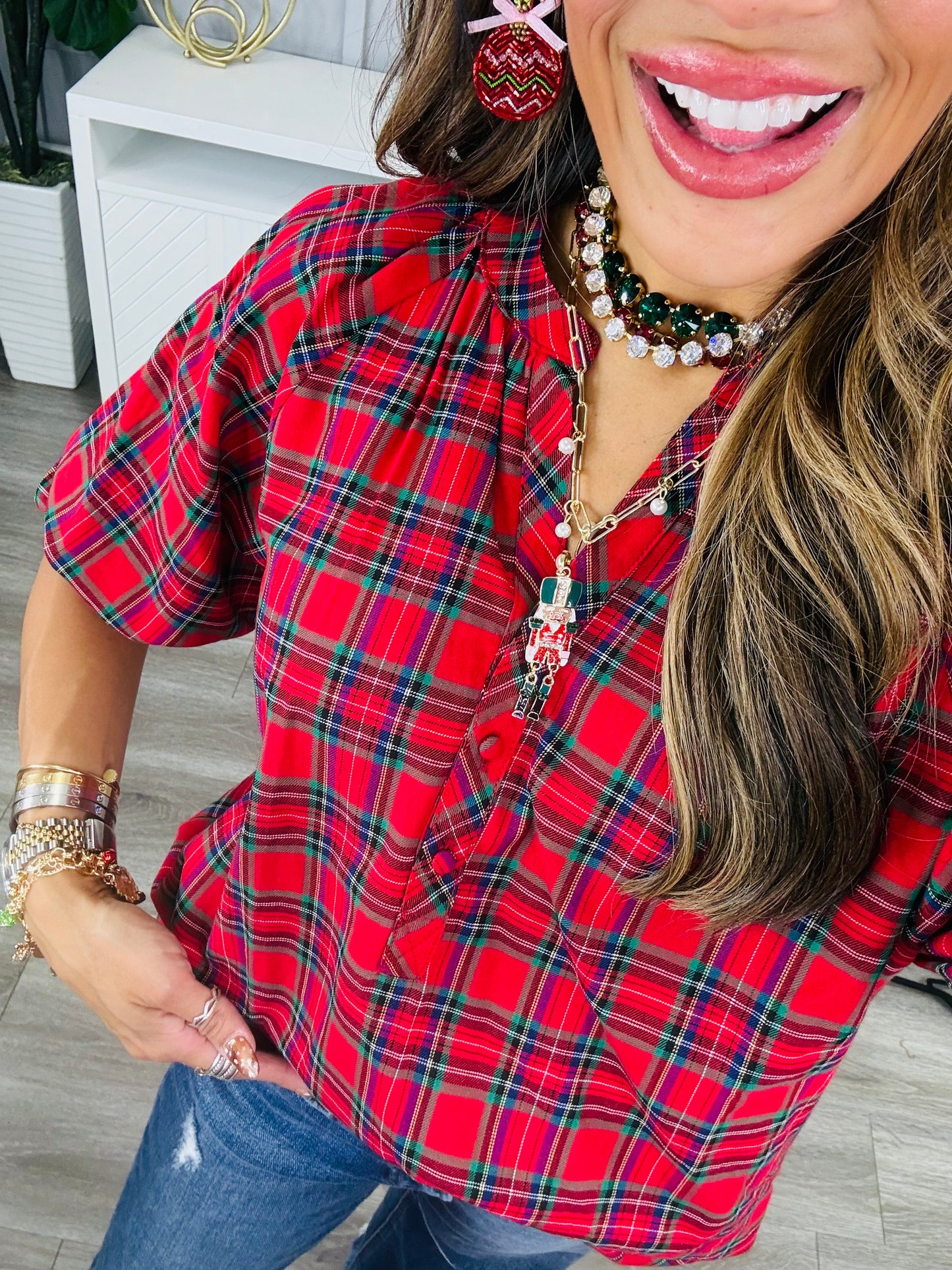 Red Plaid Henley Blouse (Reg & Plus)