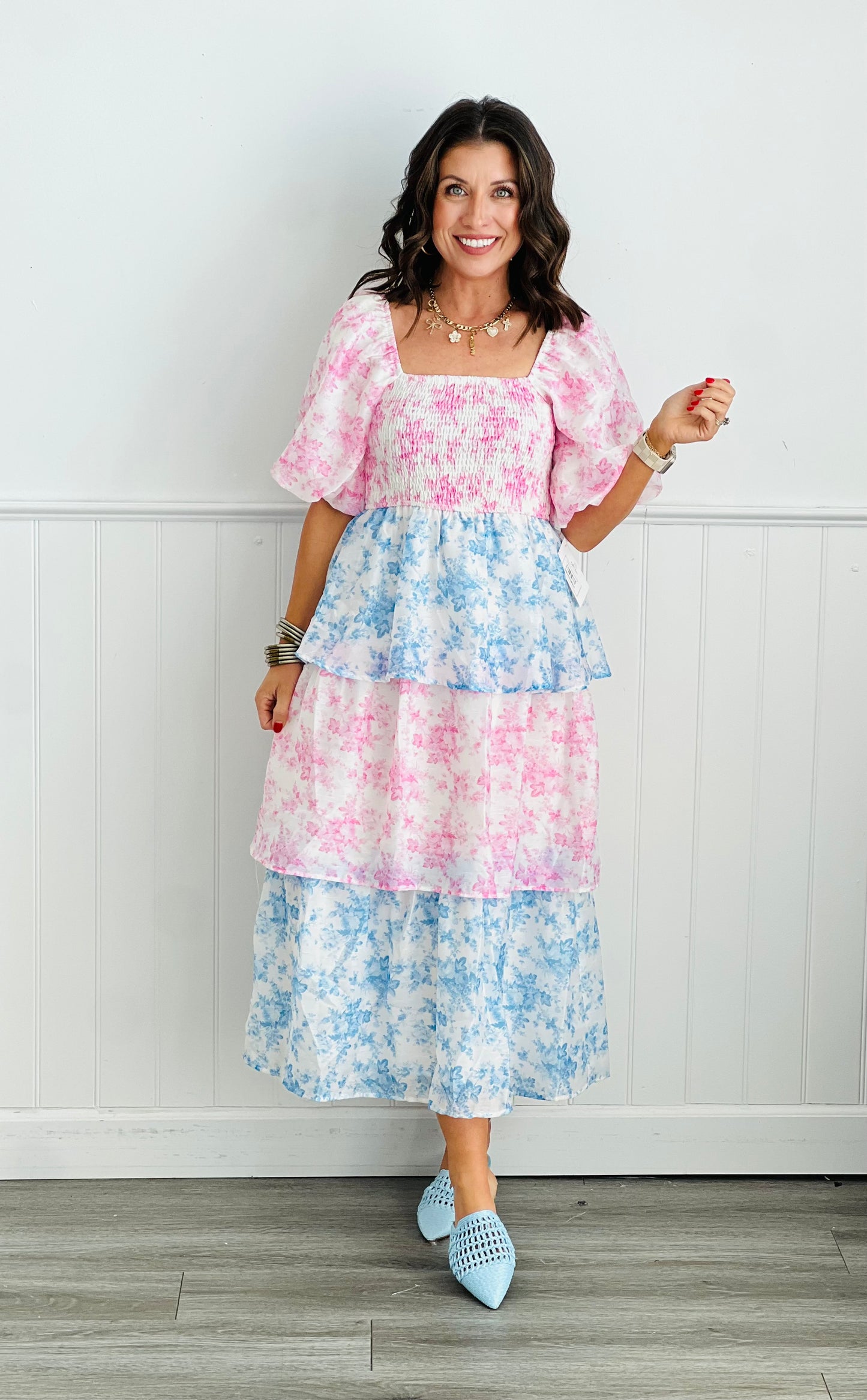 Pink/Blue Floral Fantasy Midi Dress (Reg)