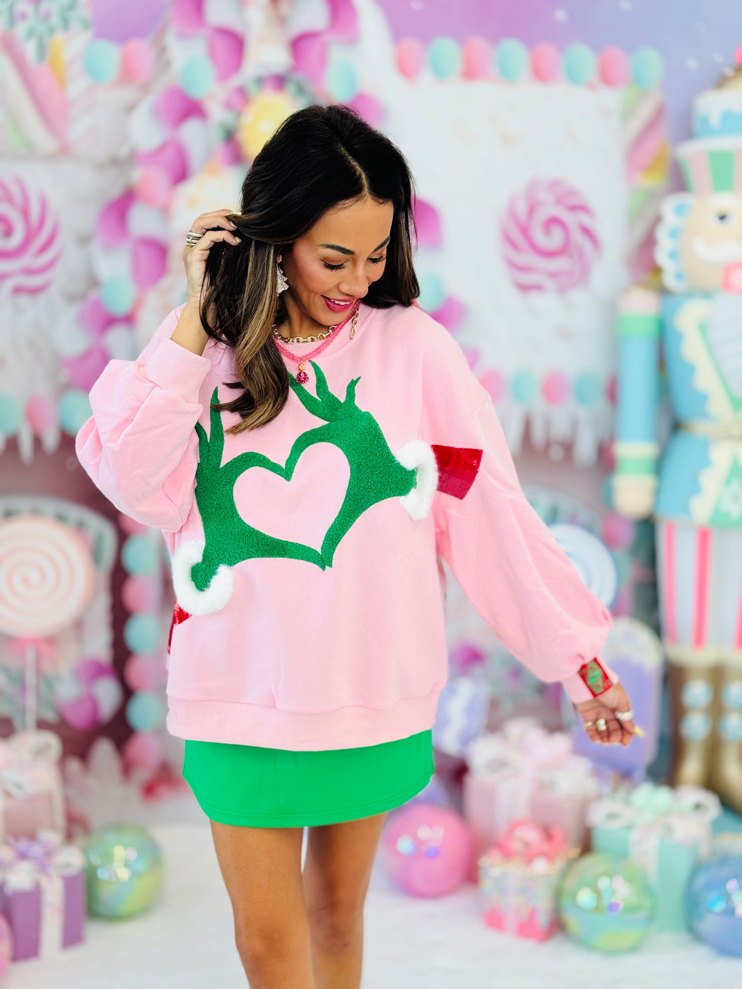 Queen Of Sparkles WR Exclusive Pink Heart Hand Sweatshirt (Reg. & Plus)