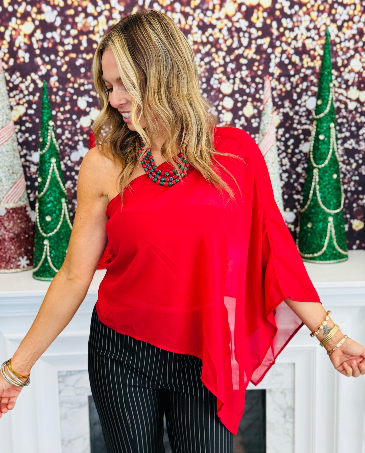 Crimson Asymmetric Chiffon Cape Top (Reg.)