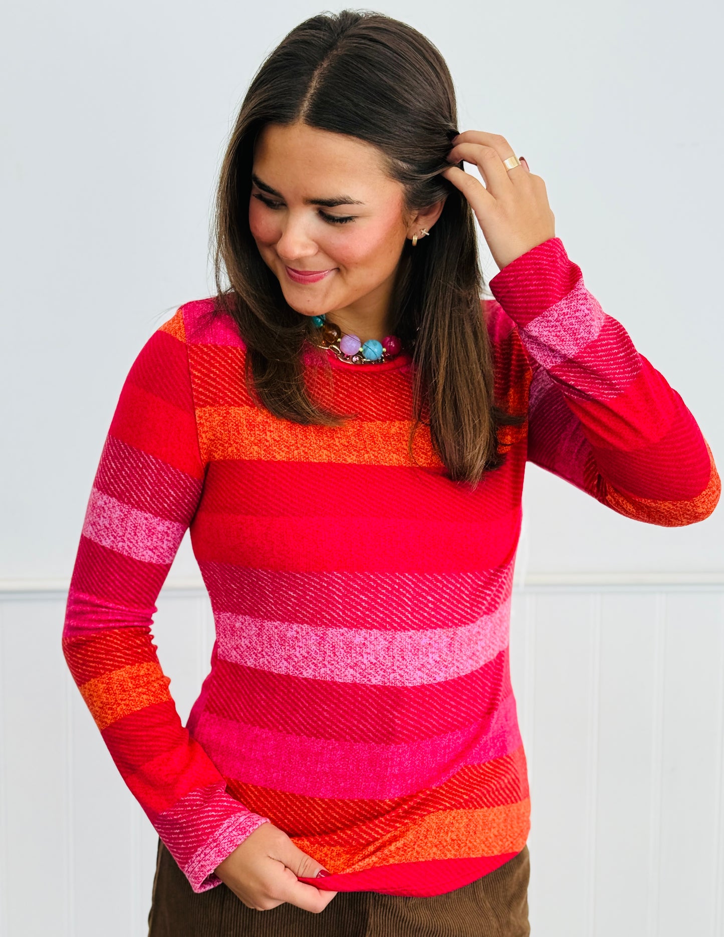 Fuchsia Round Neck Long Sleeve Printed Knit Top (Reg. and Plus)