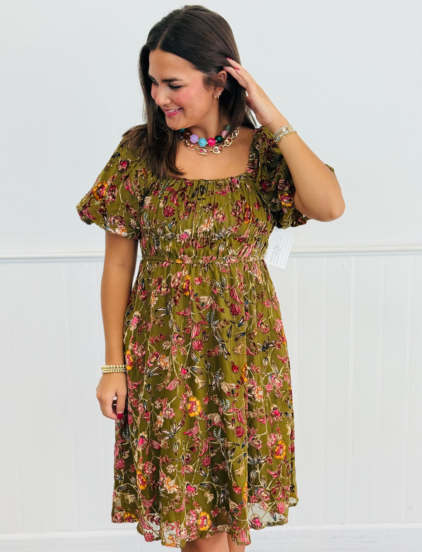 Olive Multi Burnout Velvet Square Neck Mini Dress (Reg. and Plus)