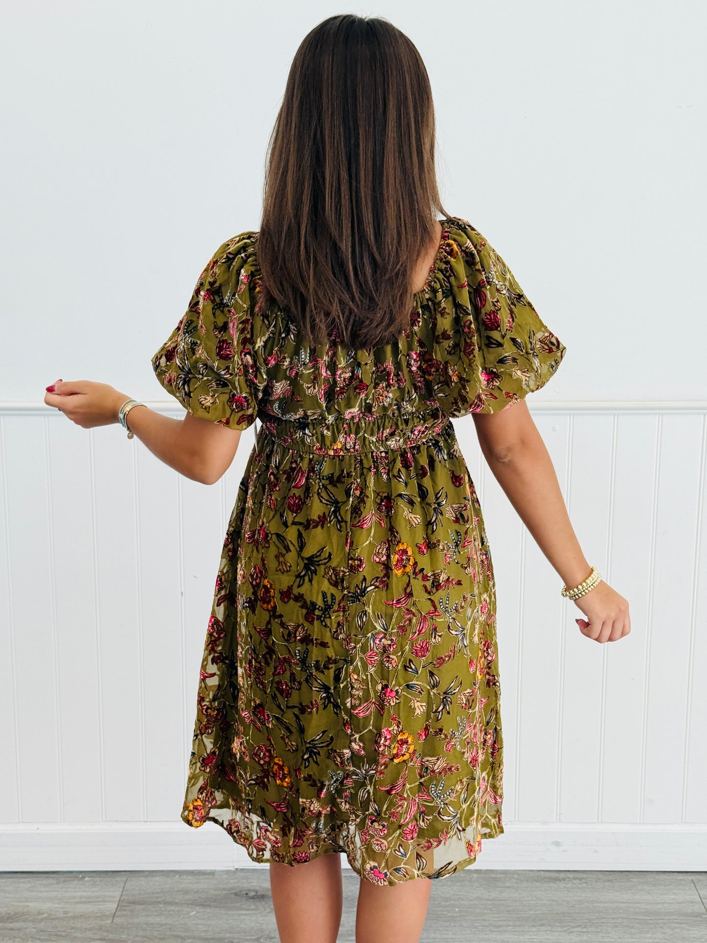 Olive Multi Burnout Velvet Square Neck Mini Dress (Reg. and Plus)