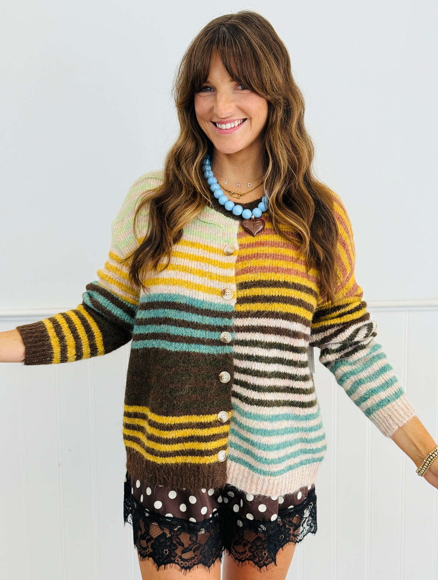Brown/Mustard Tone-and-tone Mixed Stripe Cardigan (Reg. and Plus)
