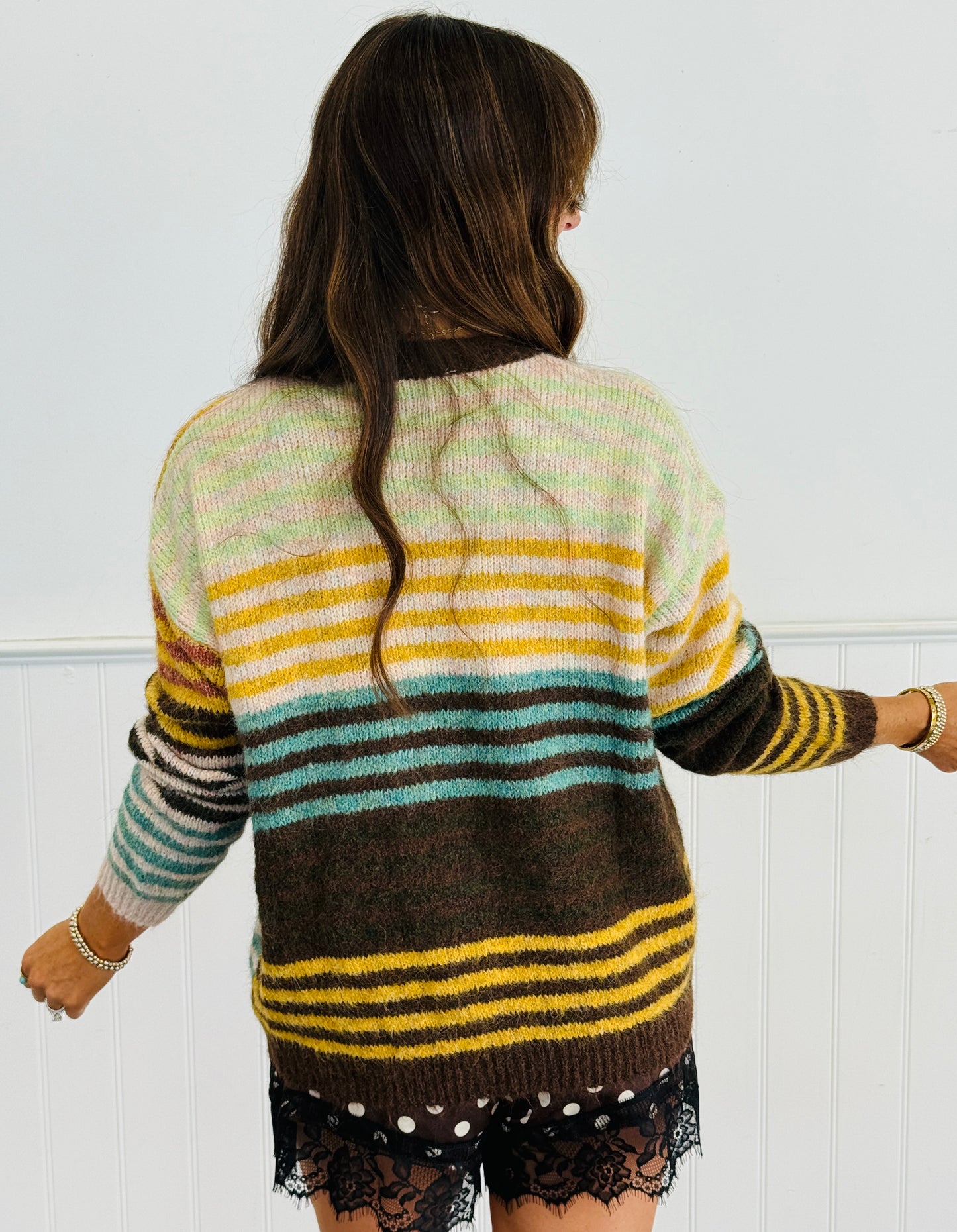 Brown/Mustard Tone-and-tone Mixed Stripe Cardigan (Reg. and Plus)