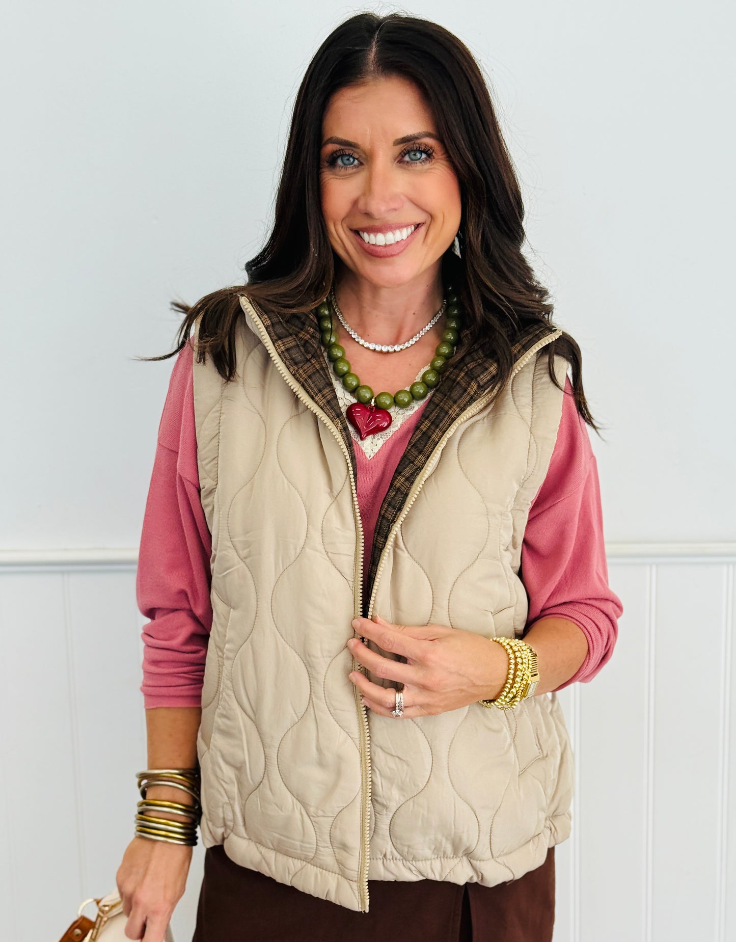 Khaki Quilted Zip Up Vest (Reg. and Plus)