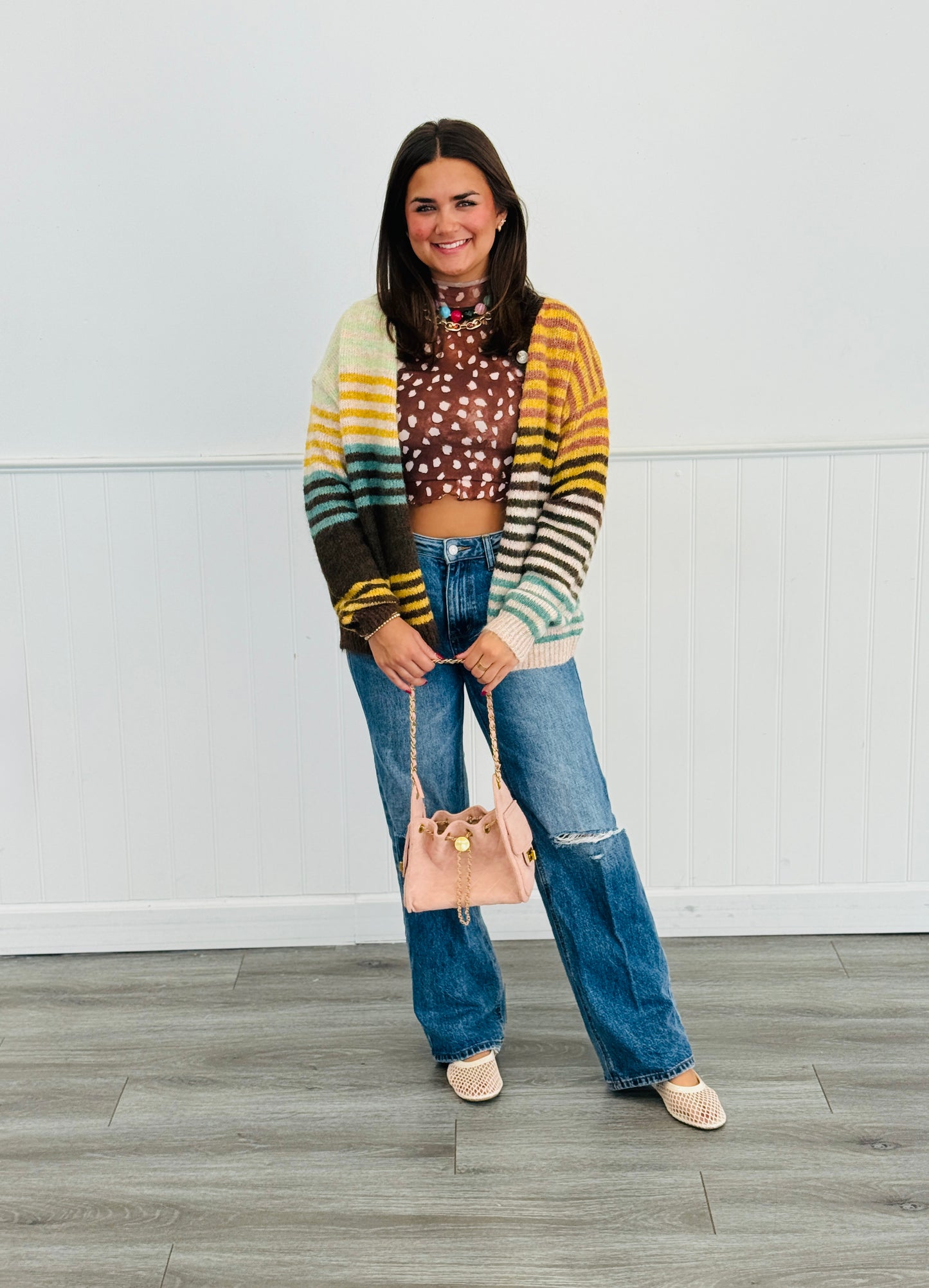 Brown/Mustard Tone-and-tone Mixed Stripe Cardigan (Reg. and Plus)