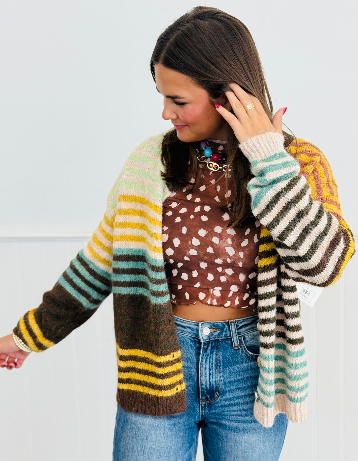 Brown/Mustard Tone-and-tone Mixed Stripe Cardigan (Reg. and Plus)