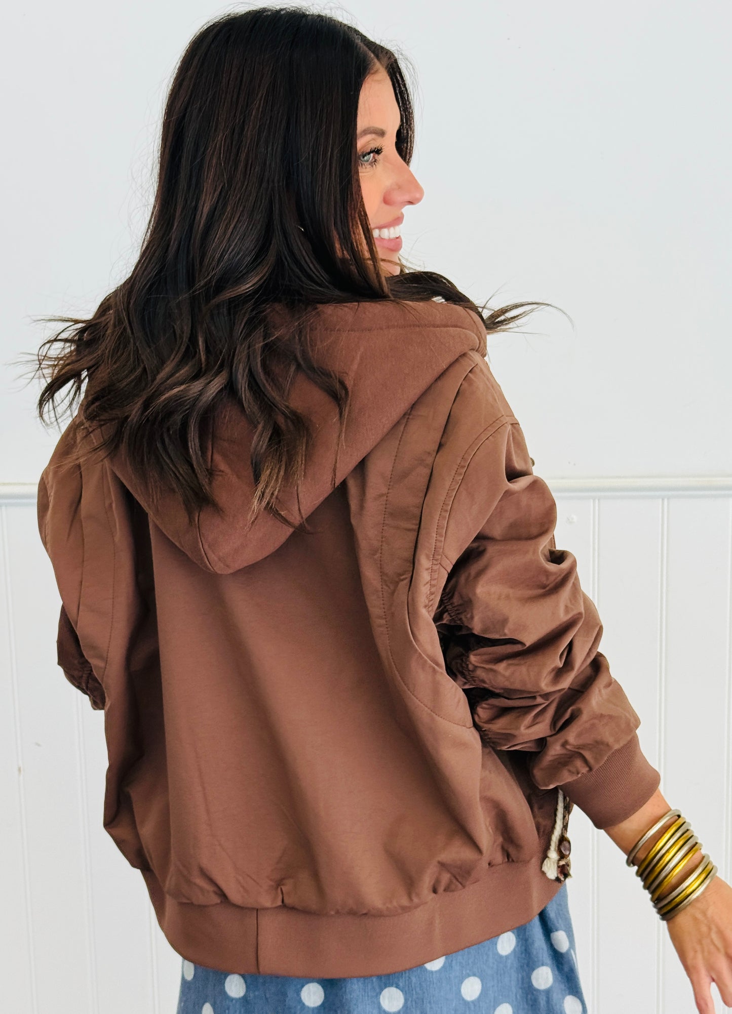 Dark Brown Braided Drawstring Bomber Jacket (Reg & Plus)