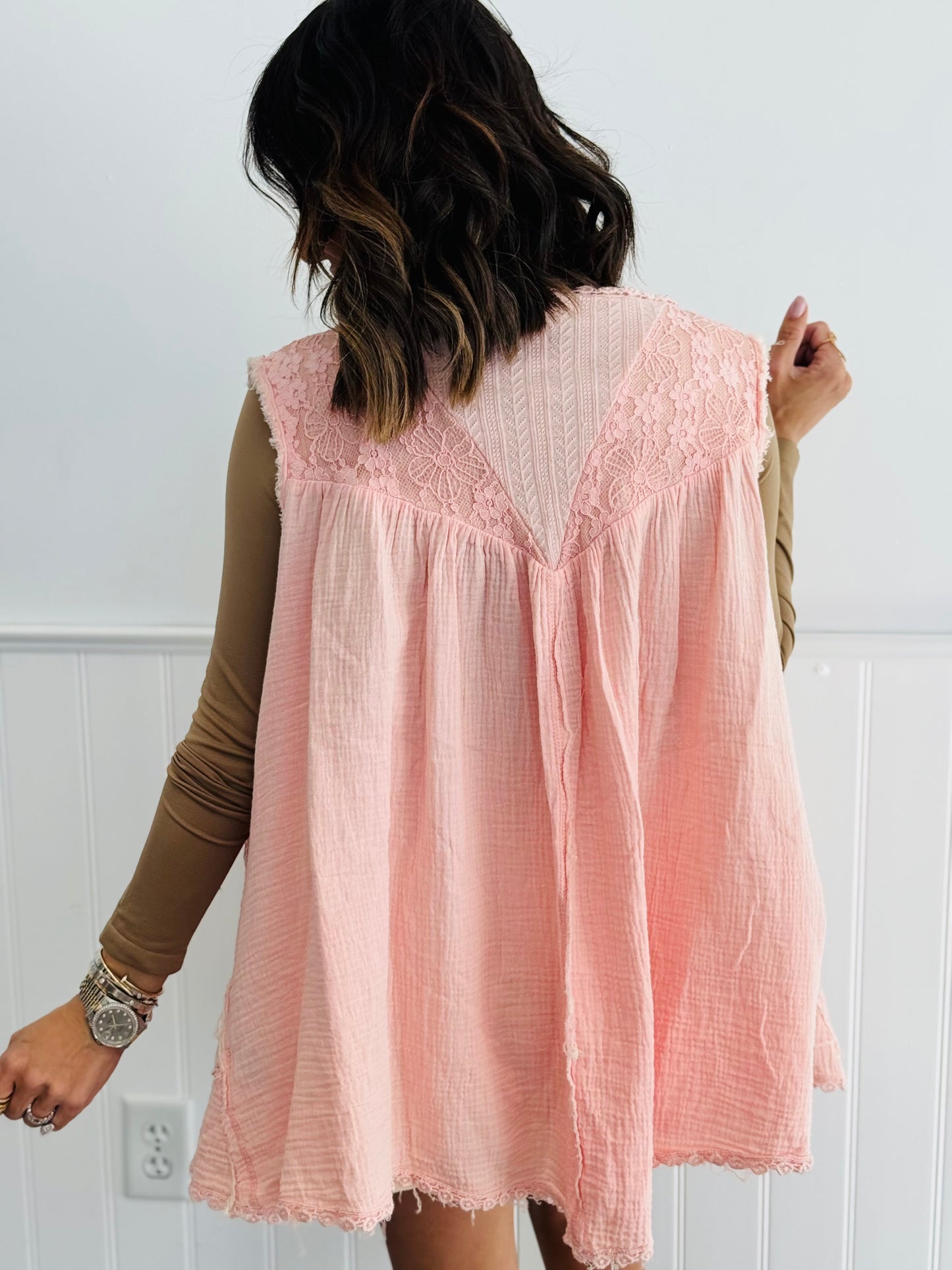 POL Peachy Pink Double Gauze Pearl Open Cardigan (Reg)