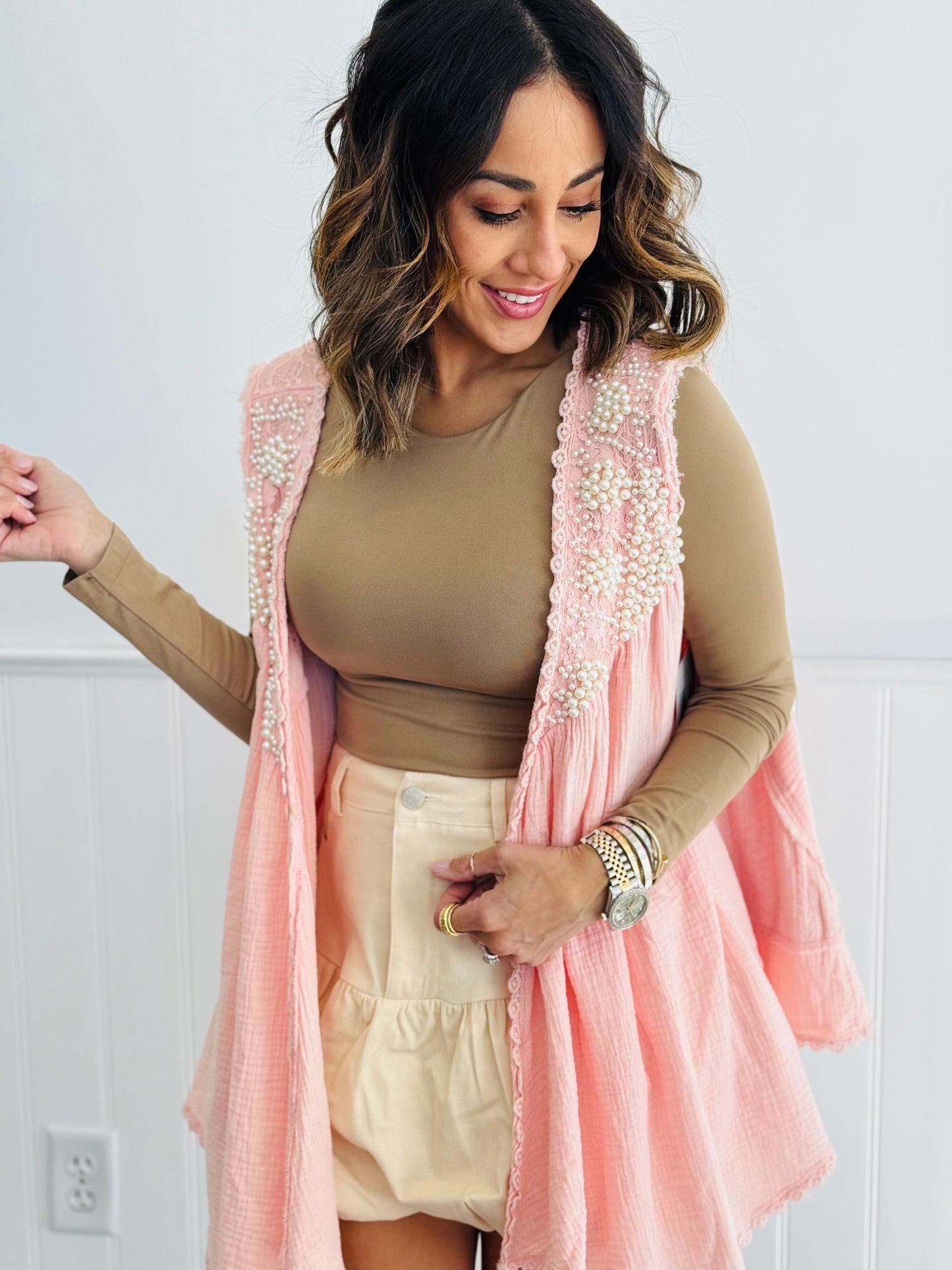 POL Peachy Pink Double Gauze Pearl Open Cardigan (Reg)