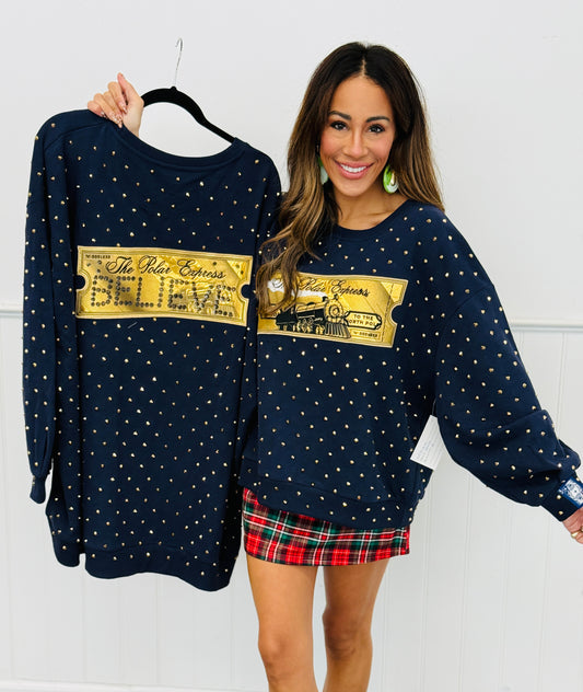 Queen Of Sparkles Licensed Navy Polar Express Train Ticket Sweatshirt (Reg. & Plus)