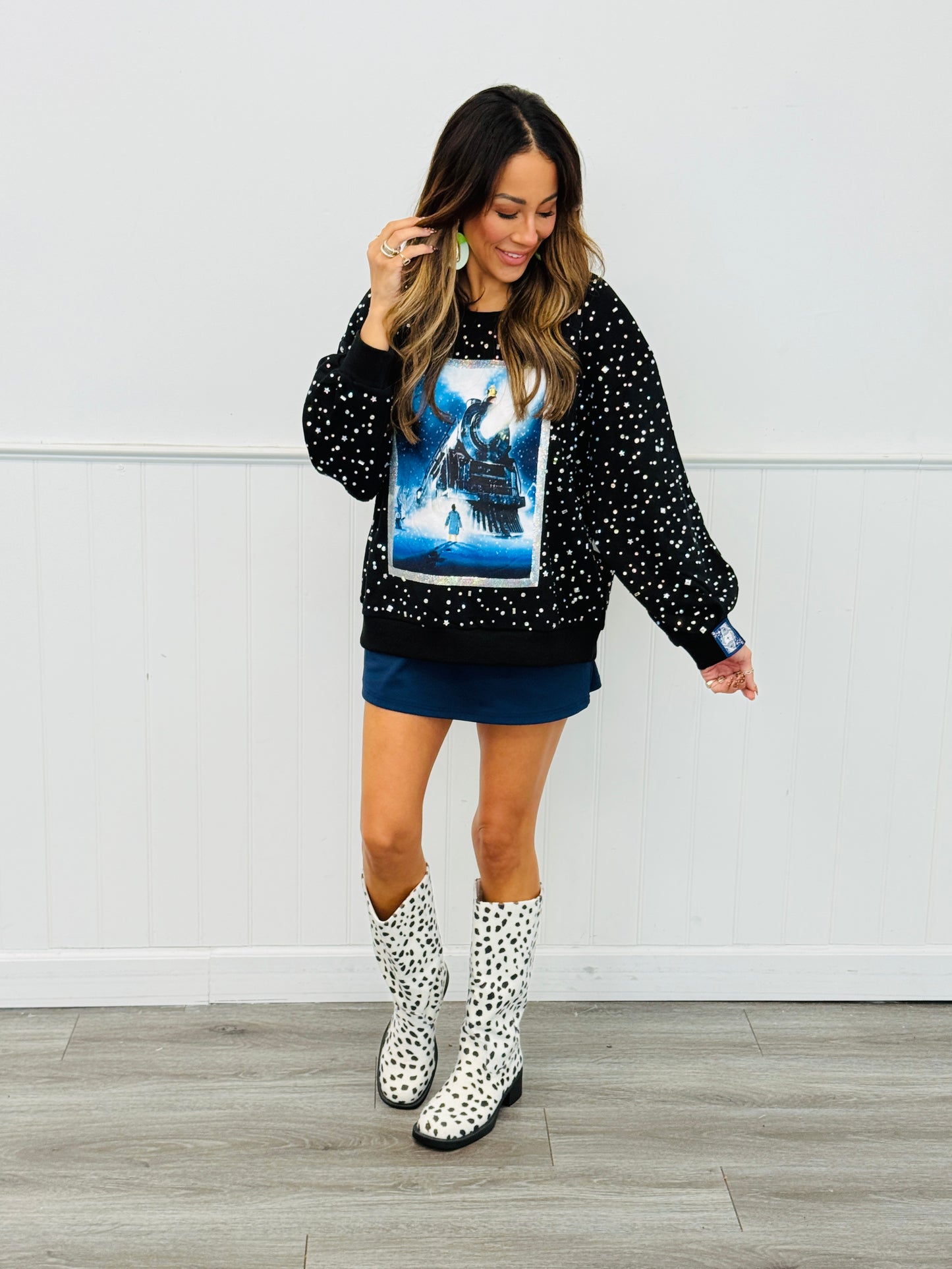 Queen Of Sparkles Licensed Black Rhinestone Polar Express Sweatshirt (Reg. & Plus)