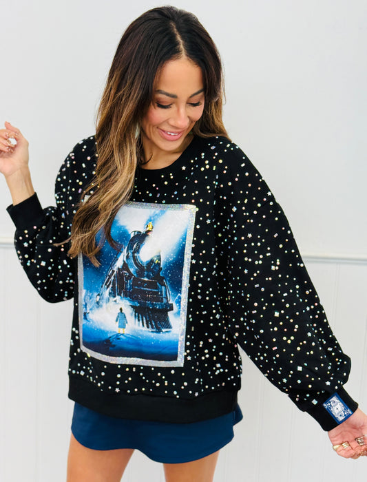 Queen Of Sparkles Licensed Black Rhinestone Polar Express Sweatshirt (Reg. & Plus)