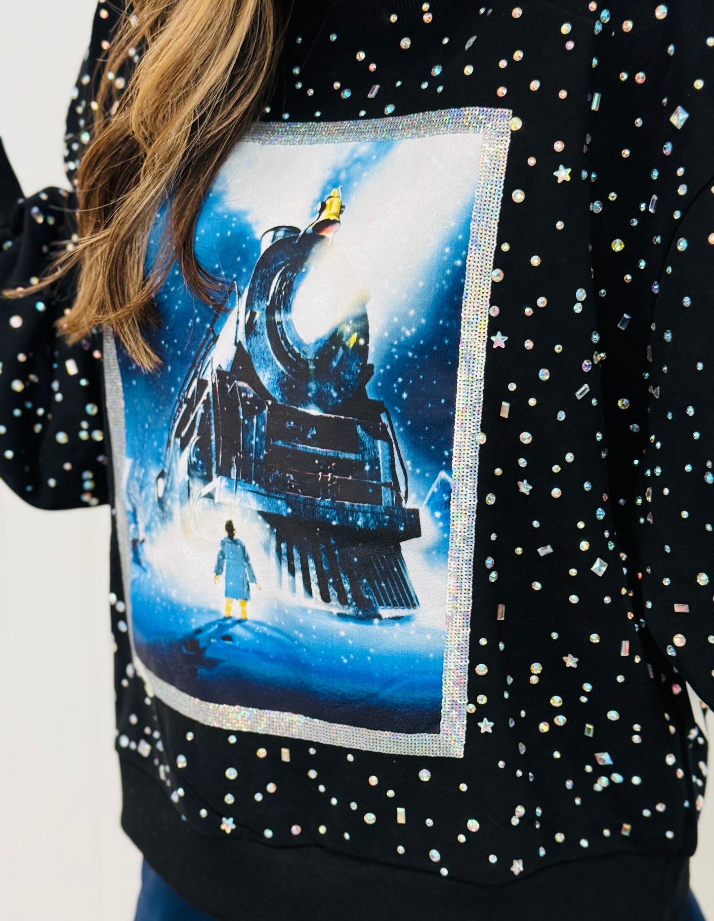 Queen Of Sparkles Licensed Black Rhinestone Polar Express Sweatshirt (Reg. & Plus)
