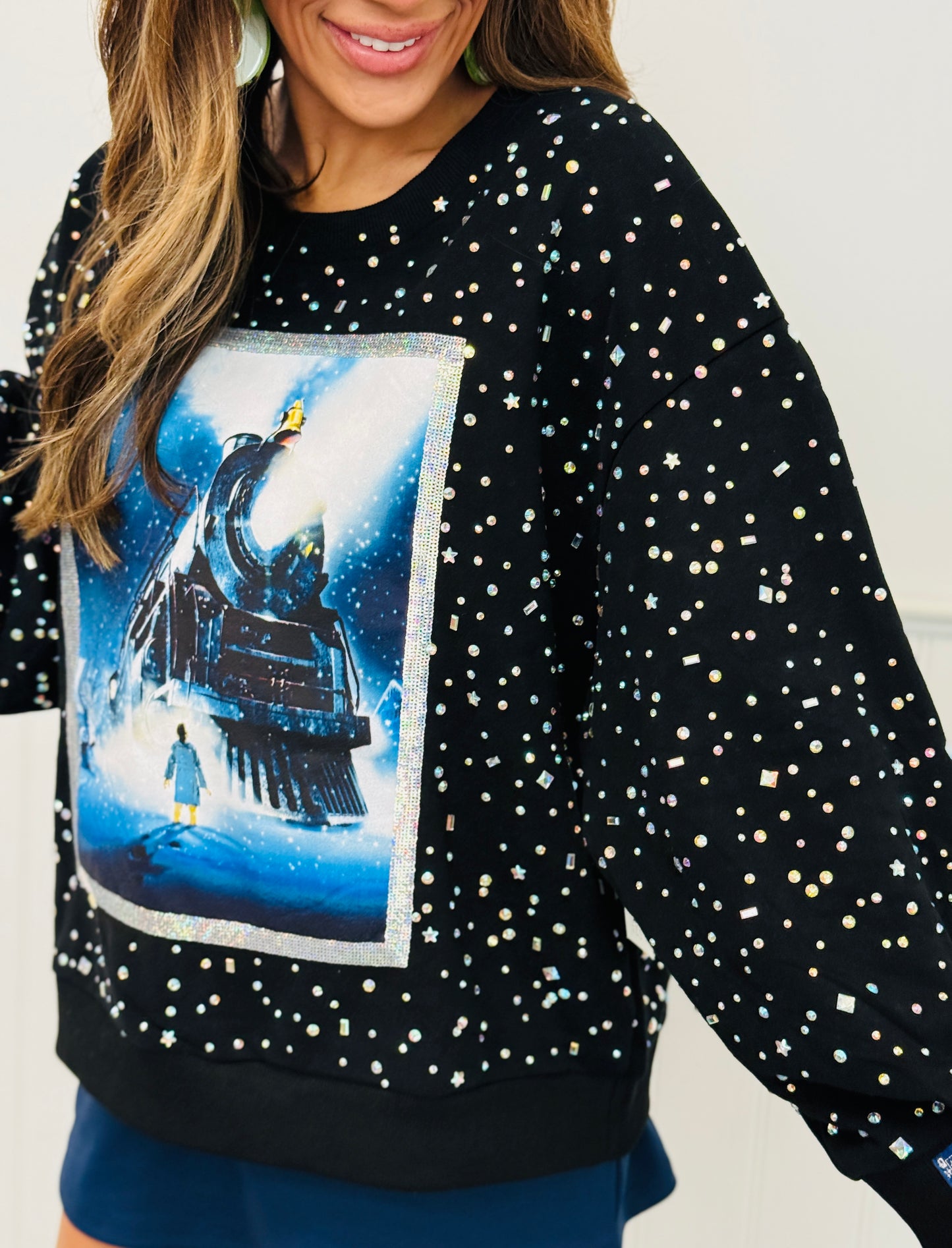 Queen Of Sparkles Licensed Black Rhinestone Polar Express Sweatshirt (Reg. & Plus)