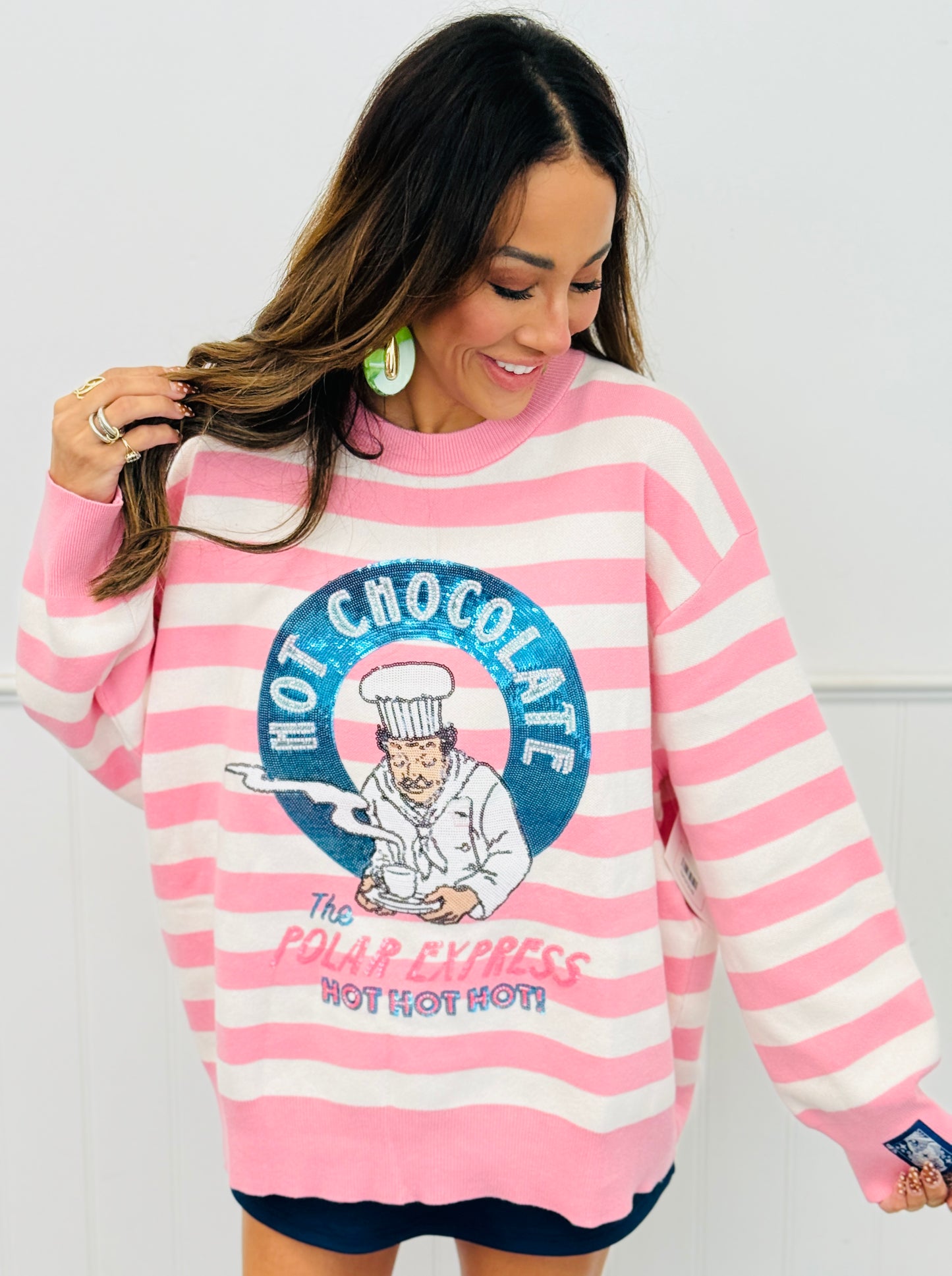 Queen Of Sparkles Licensed Pink & White Striped Hot Chocolate Sweater (Reg. & Plus)
