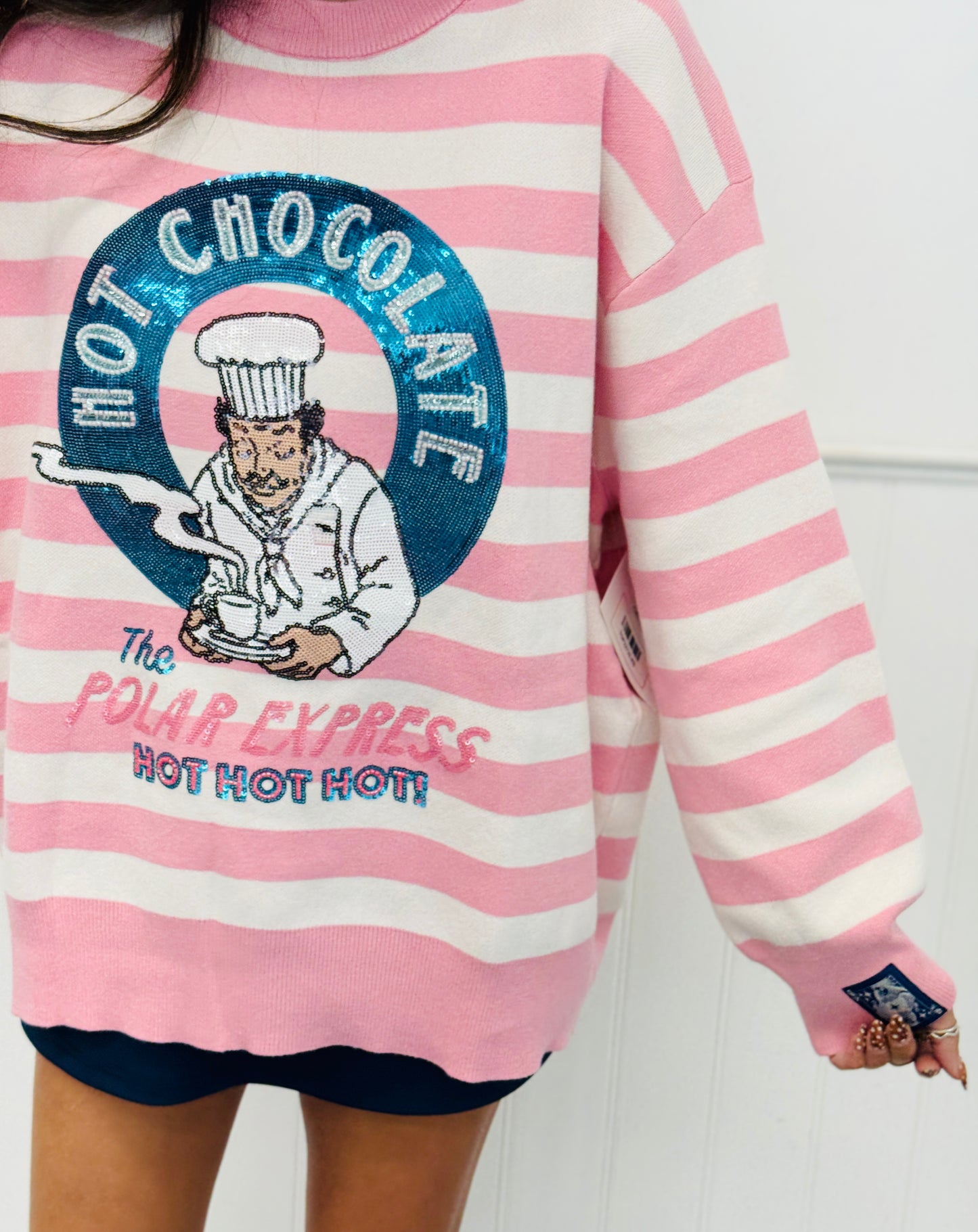 Queen Of Sparkles Licensed Pink & White Striped Hot Chocolate Sweater (Reg. & Plus)