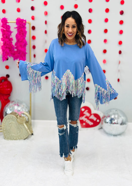 Blue Zip Zag Sequin Fringe Top (Reg.)