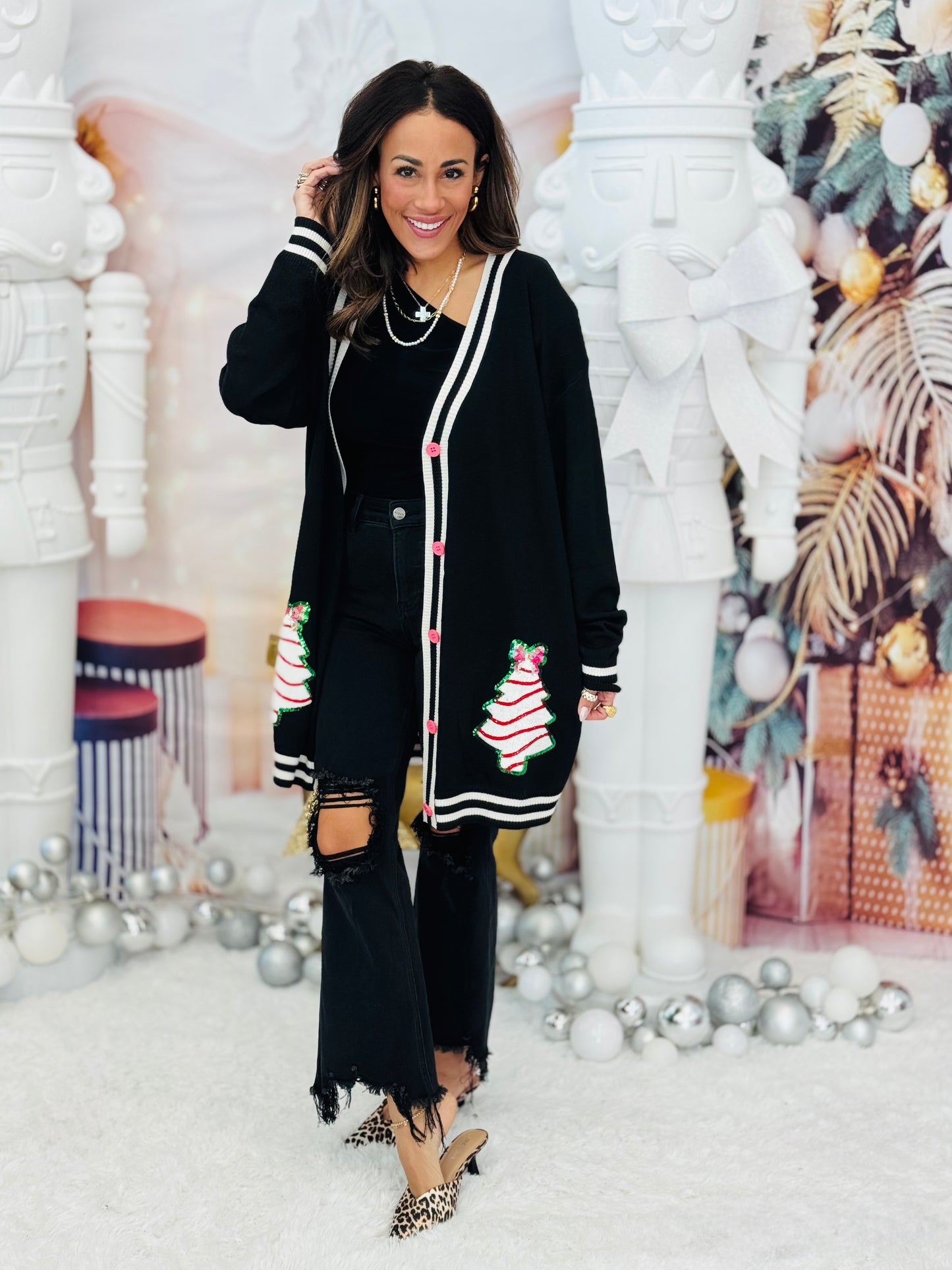 Bow Christmas Treat Long Cardigan (Reg. and Plus)