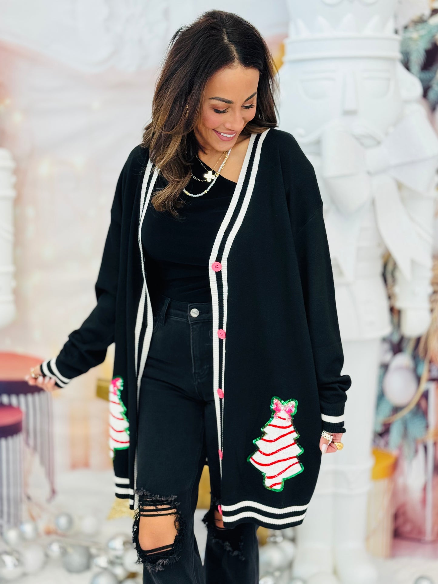 Bow Christmas Treat Long Cardigan (Reg. and Plus)