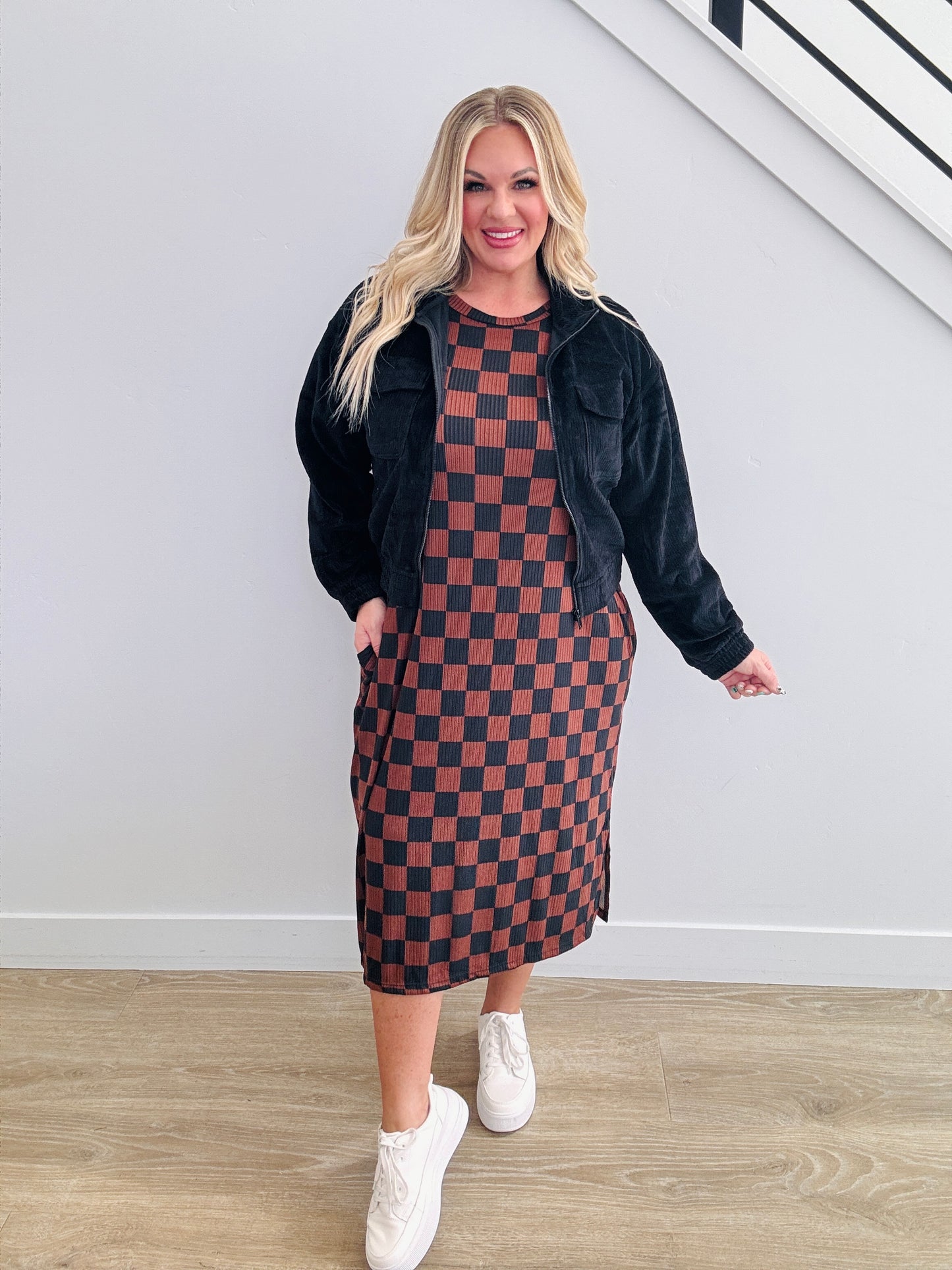 Black/Mocha Checkered Midi Dress (Reg. and Plus)