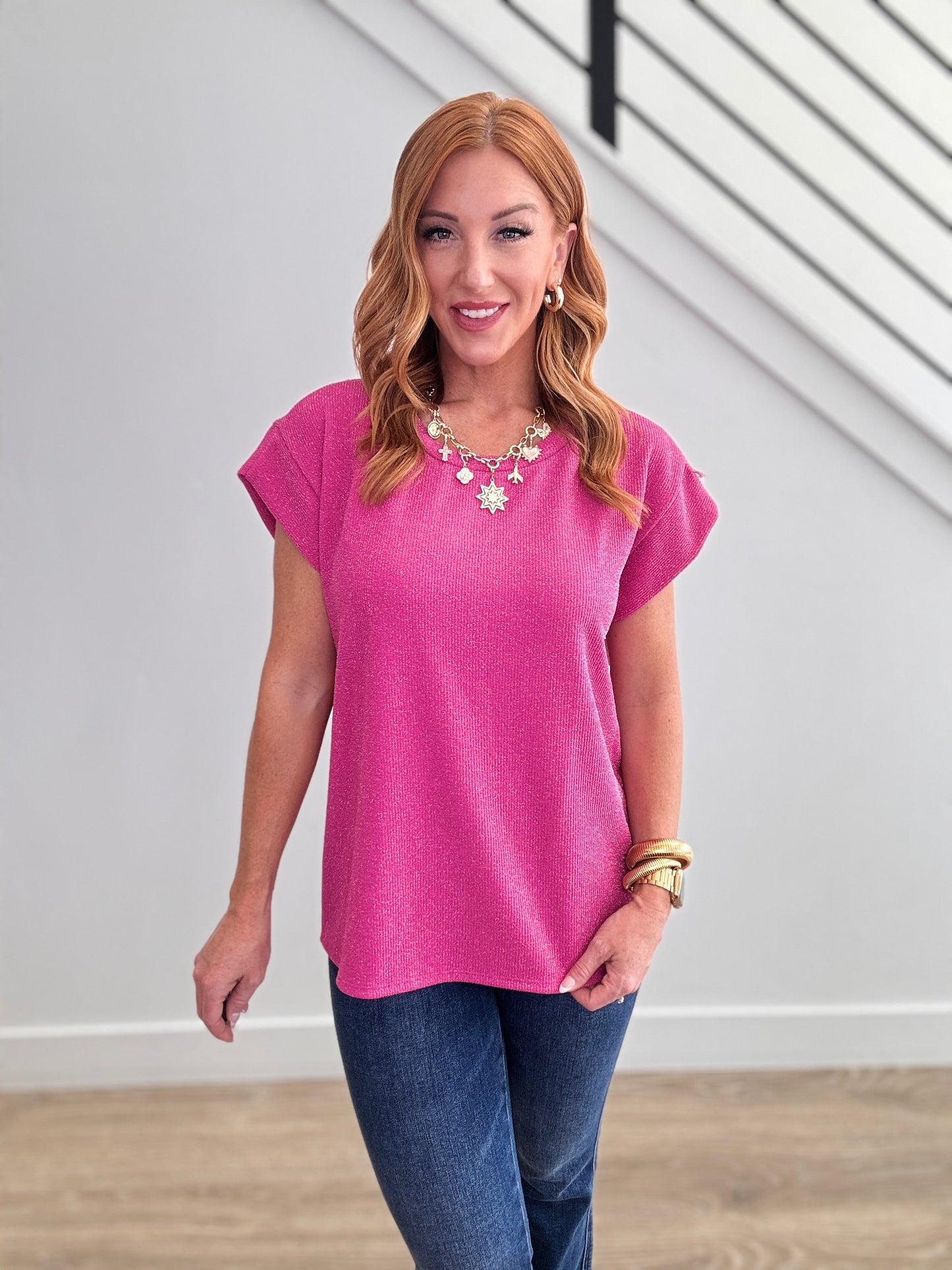 Round Neck Short Sleeve Glitter Top (Reg. & Plus)