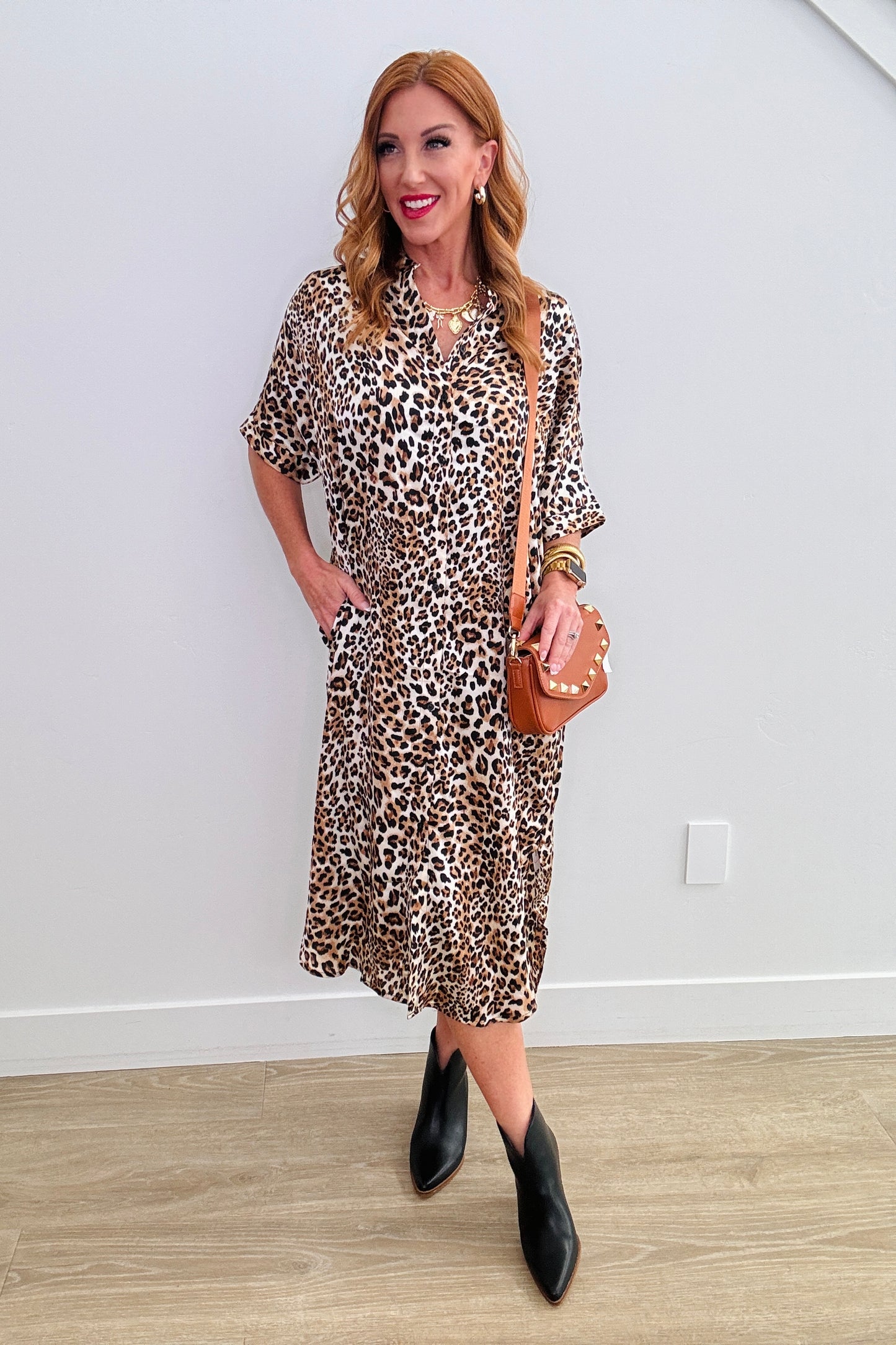 Leopard Print Midi Shirt Dress (Reg)