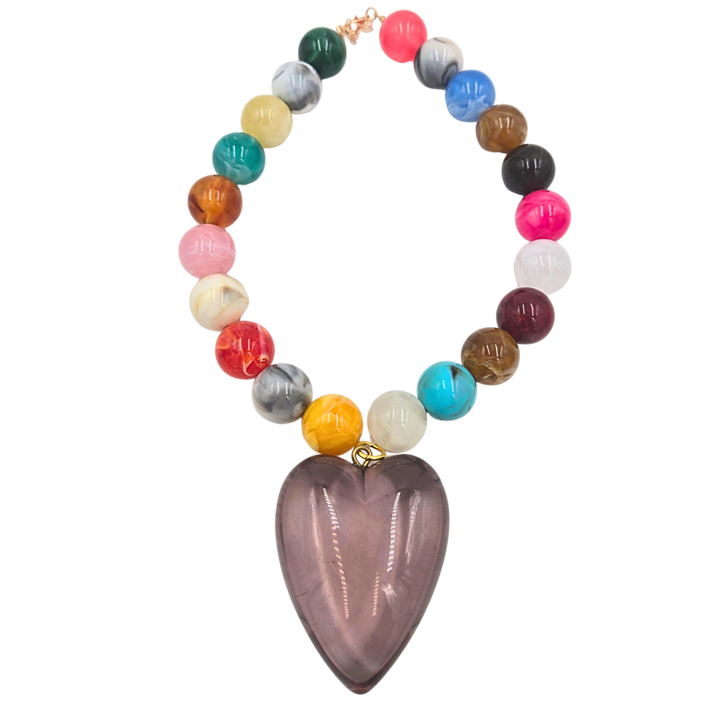 Jennifer Thames - Round Multicolor Marble Bead with Lavender Heart Pendant