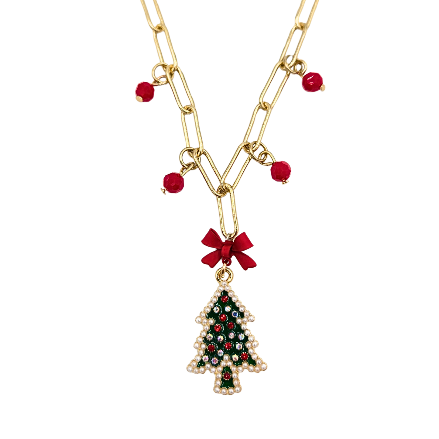 Red Bow Christmas Tree Necklace