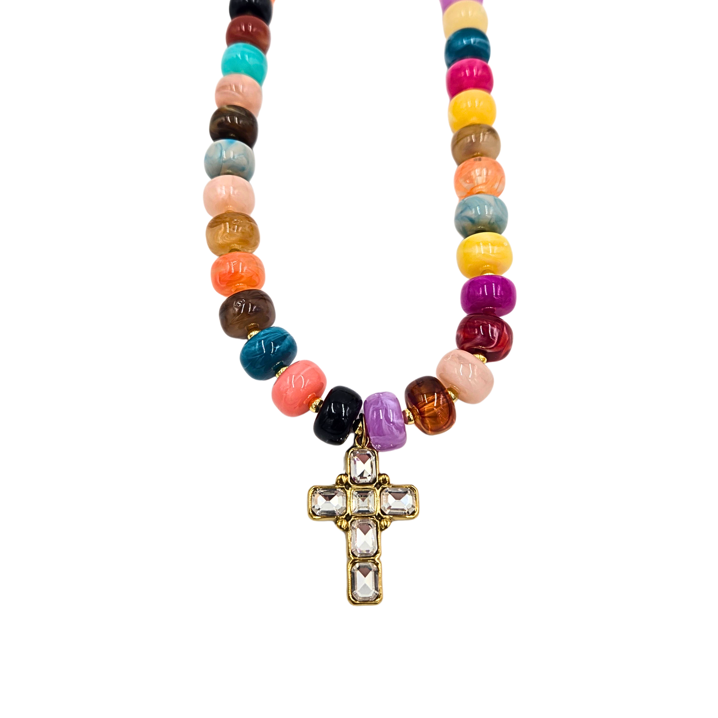 Jennifer Thames - Multicolor Beaded Necklace with Clear Cross Pendant