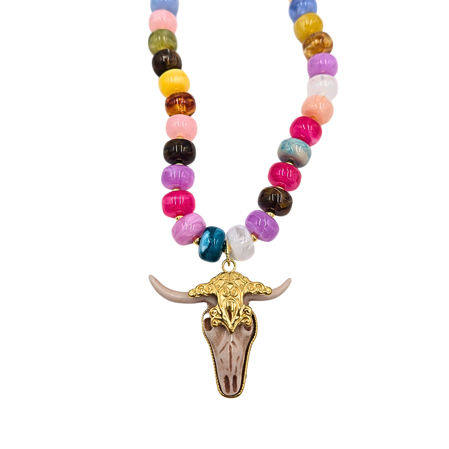 Jennifer Thames - Multicolor Beaded Necklace with Ivory & Gold Pendant