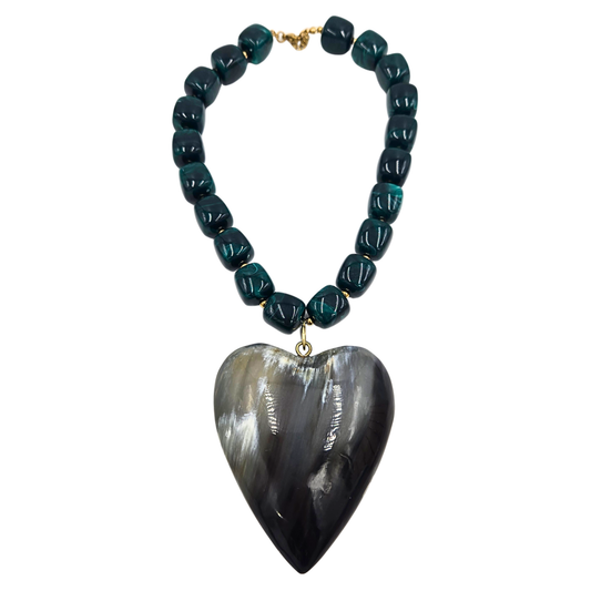 Jennifer Thames - Emerald Marble Bead Necklace with Horn Heart Pendant