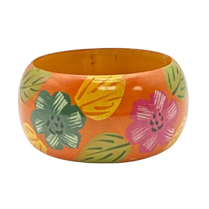 Vibrant Orange Hand-Painted Floral Wood Bangle