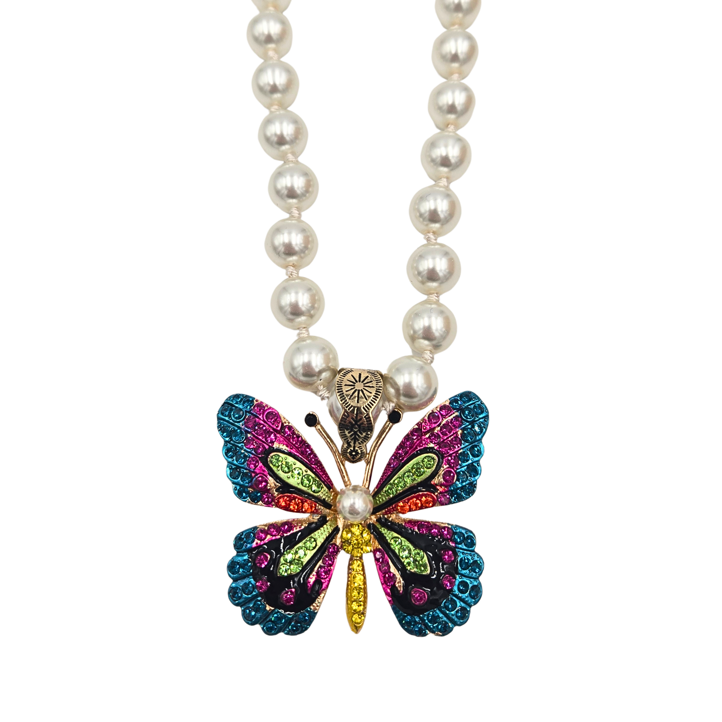 Jeweled Butterfly Pearl Necklace