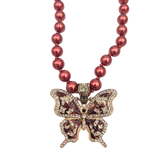 Red Pearl Butterfly Necklace