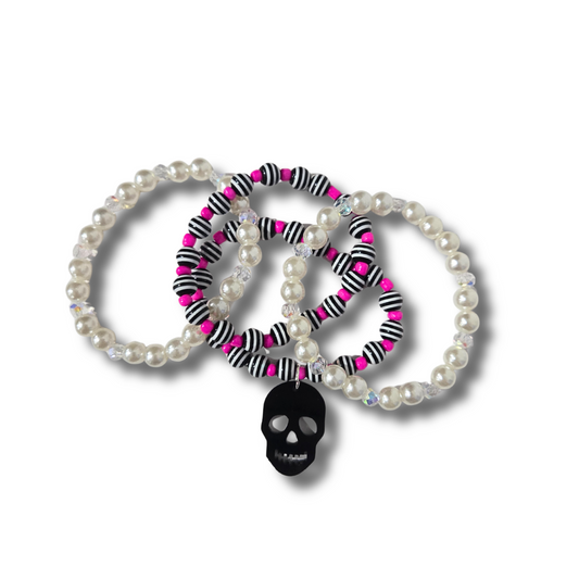 Hot Pink Striped Skull Bracelet Stack