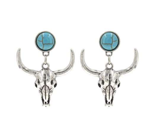 Antique Silver Longhorn and Turquoise Earrings