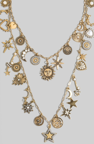 Studded Heart Moon Star And Coin Charms Statement Necklace