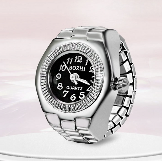 Round Silver Ring Watch - Black