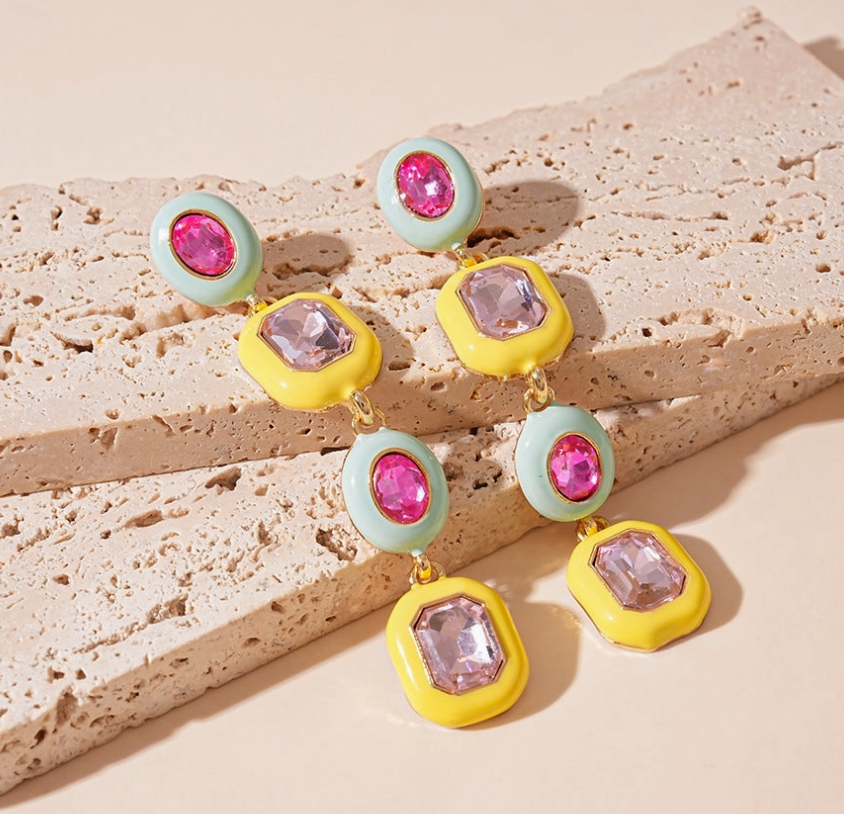 Yellow & Mint Enamel Jewel Earrings